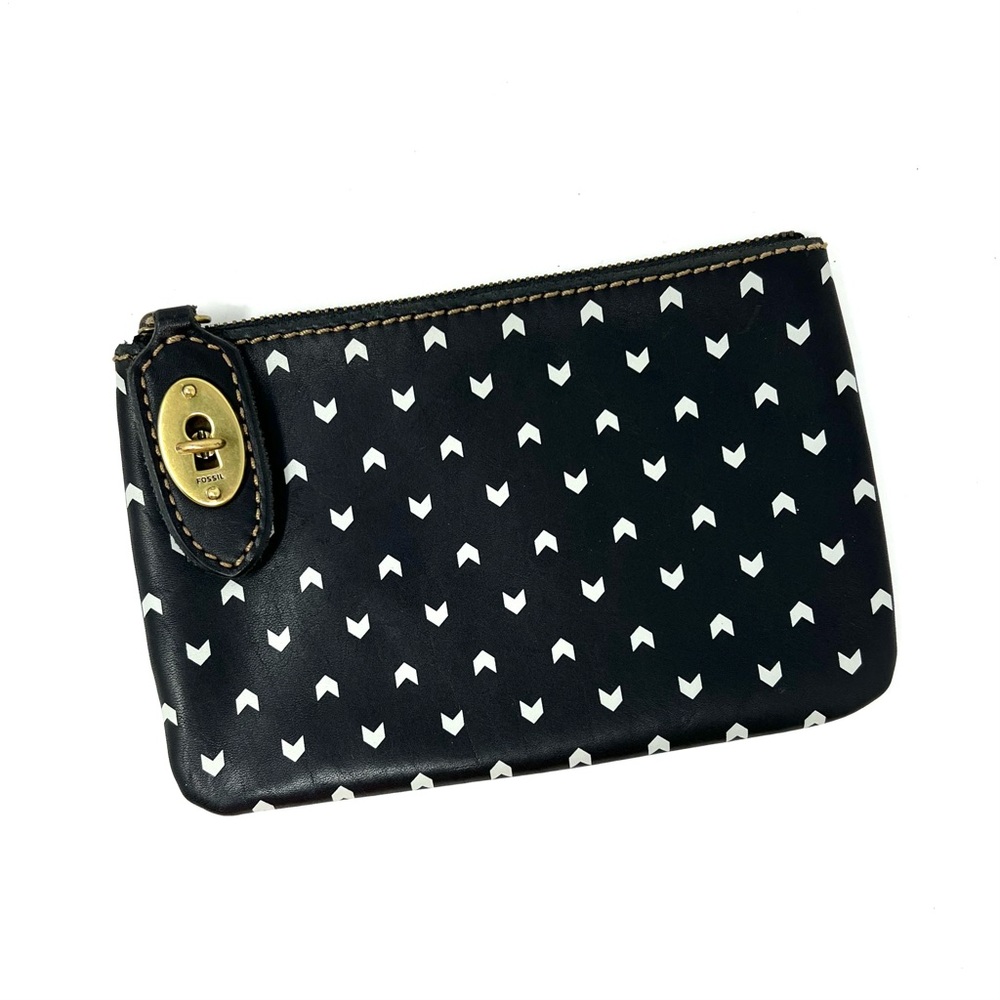 NEW! Fossil Austin Pouch Black Leather Chevron Turnlock Clutch Cosmetic Bag